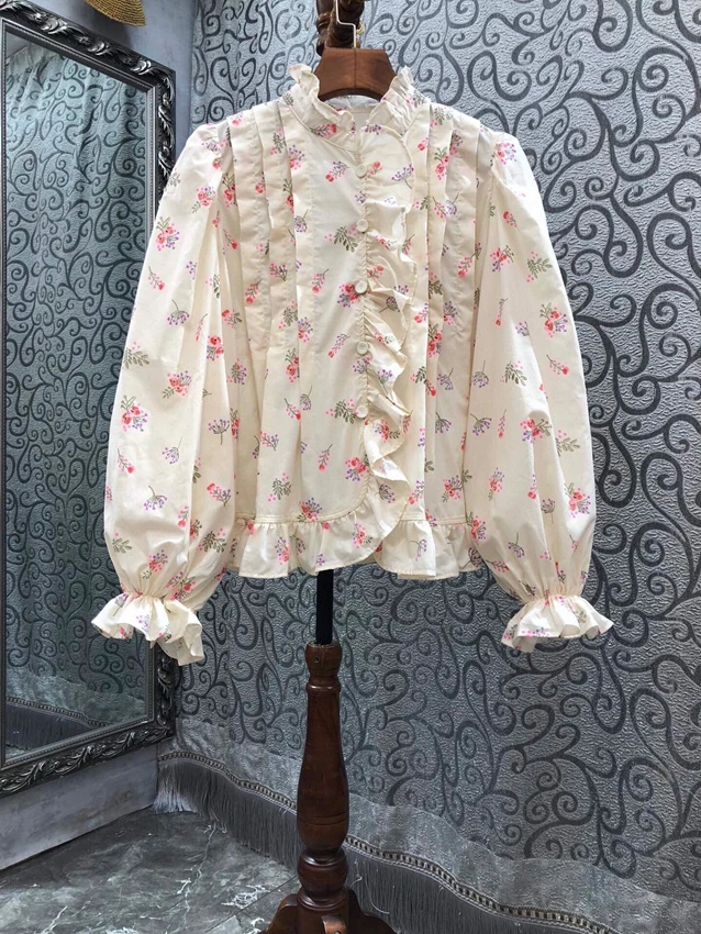 

2022 new women fashion lantern long-sleeved sexy floral fungus short loose shirt top 925
