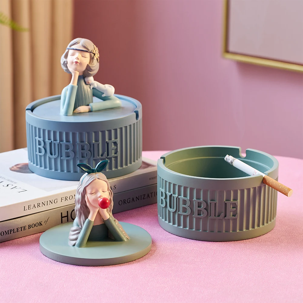 

Creative Resin Ashtray Cute Girly Round Ashtray with Lid Portable Ashtray Decorative Nordic Home Decor Office Desktop Decoration