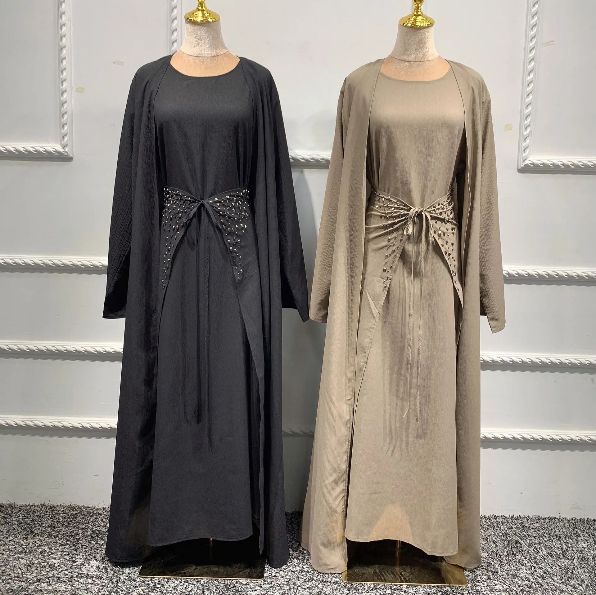 4pcs Matching Muslim Sets Hijab Dress Eid Abayas for Women Dubai Wrinkle Arabic Outfit Islam Open Abaya Kimono Wrap Front Skirt