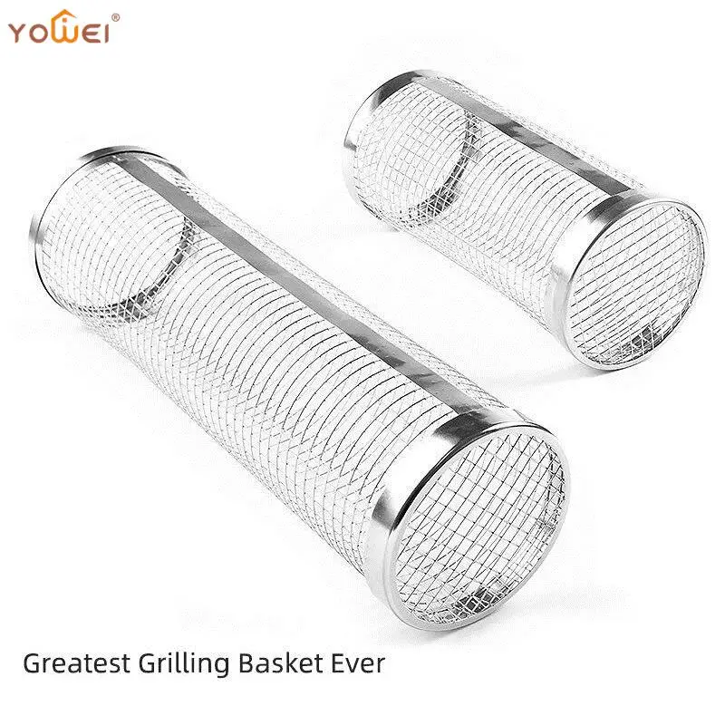 

Outdoor Stainless Steel BBQ Basket Wire Mesh Cylinder Grill Basket Rolling Grilling Basket Portable Camping Barbecue BBQ Tools