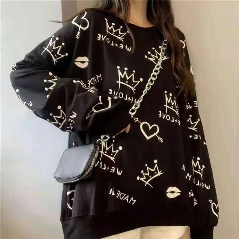 

Large Size 5XL 150kg Harajuku Long Sleeve Black T Shirt O Neck Autumn Big Tops Tees Women Full Sleeve tshirt
