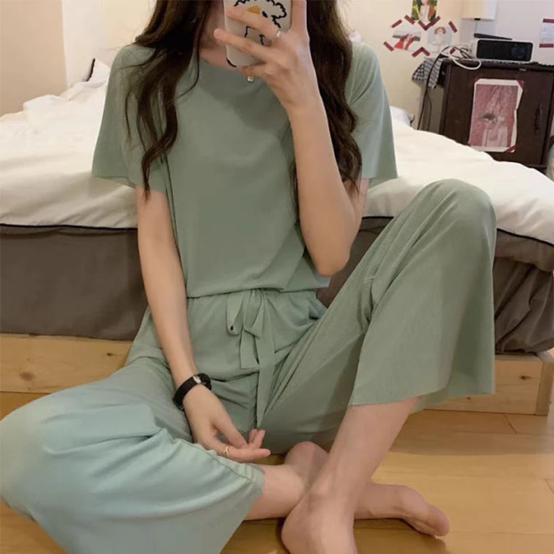 

Elastic Pajama Women Solid Summer Short Sleeve Ladies Sleepwear Comfortable O Neck 2 Pcs With Pants Thin Pijama Suit For Female