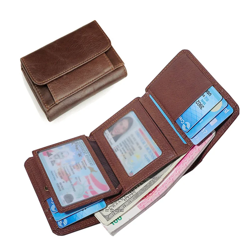 głowy w stylu vintage portfele z naturalnej skóry bydlęcej dla mężczyzn krótkie zapięcie na zatrzask uniseks