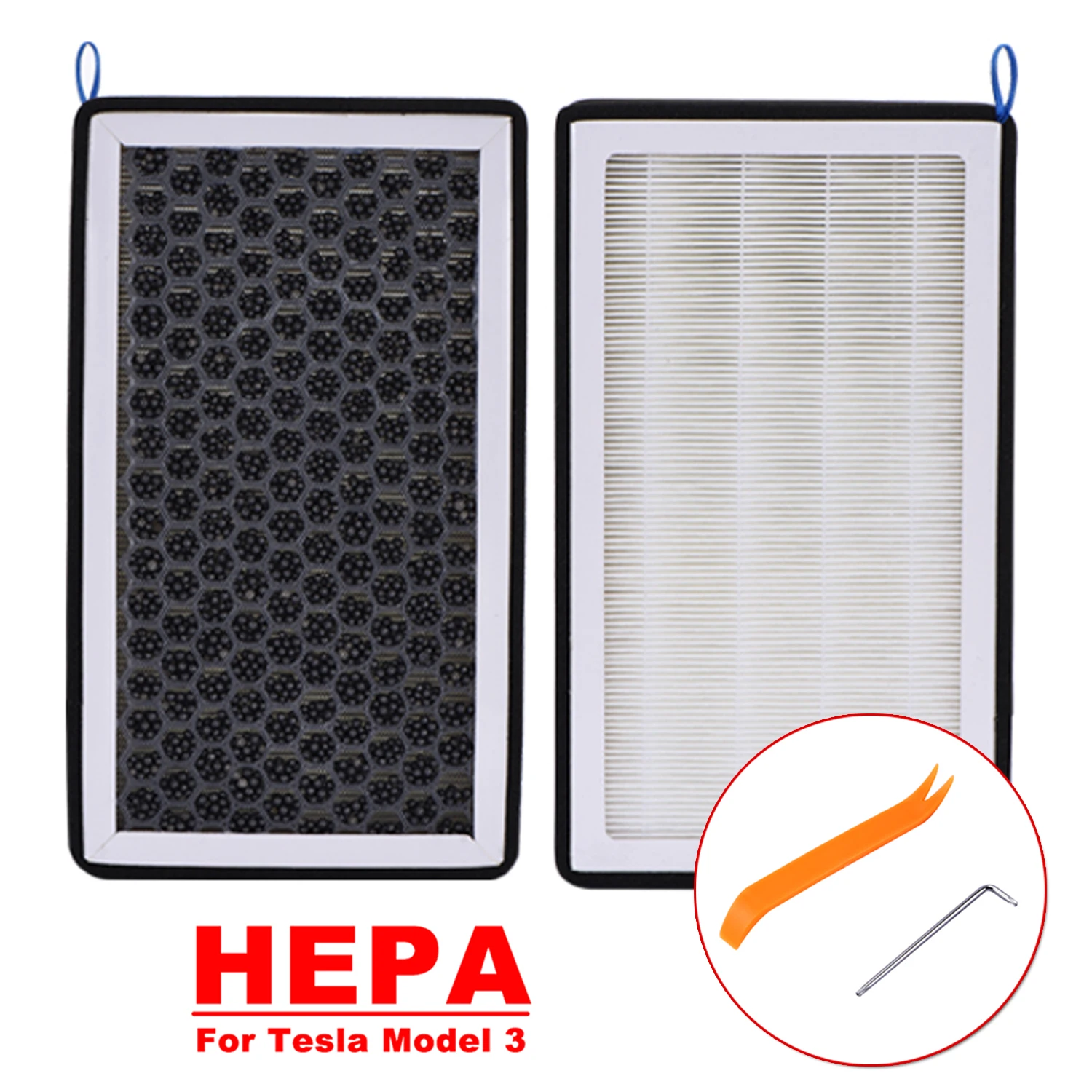 2 Pieces/Set For Tesla Model 3 Y HEPA Activated Carbon Air Filter Conditioner Element Replacement Kit w/tools |