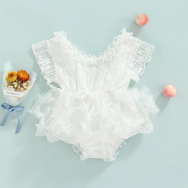

Baby Girl Newborn Romper Round Neck Short Sleeve Floral Lace Jumpsuit Mesh Butterfly Decor Jumpsuit Outfit