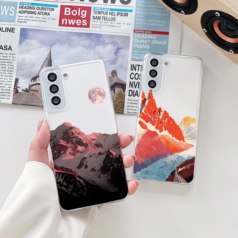 

Mountain Sunset Luxury Scene Art For Samsung S22 S21 S20 FE Ultra Pro Lite S10 5G S10E S9 S8 Plus S7 Transparent TPU Phone Case