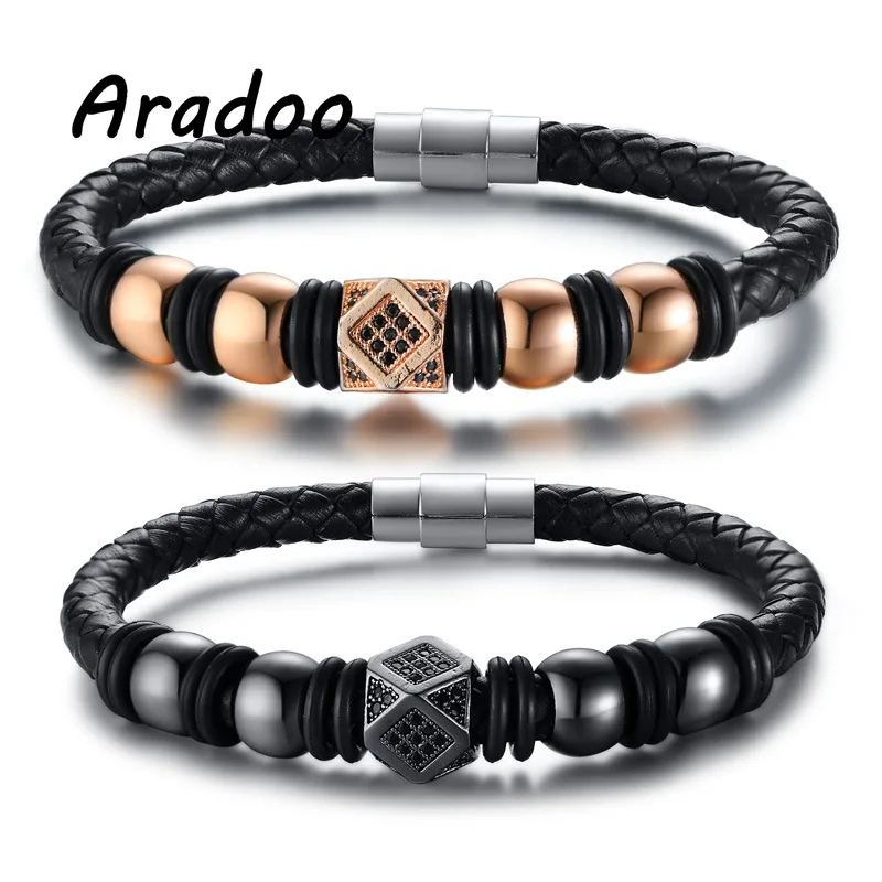 

ARADOO 21,5 см, черный кожаный, розовое золото, мужской браслет, спортивный браслет, повседневный браслет