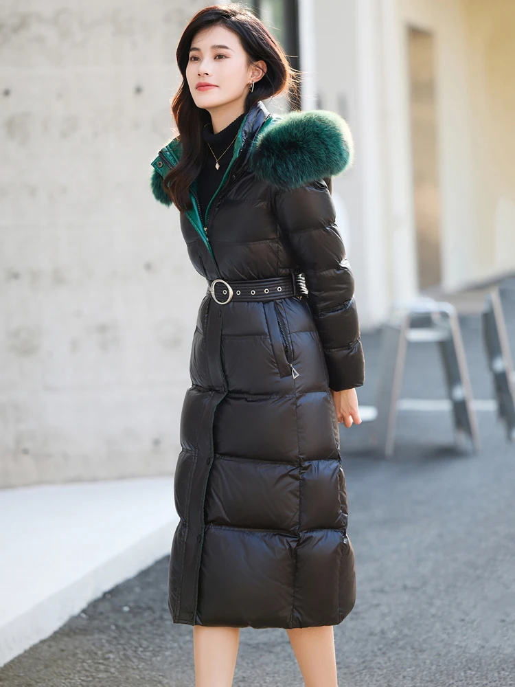New Women Real Fox Fur Collar Down Coat Winter Fashion Hooded Two-colour Belt Slim Long Down Jacket Thicken Warm Black Overcoat