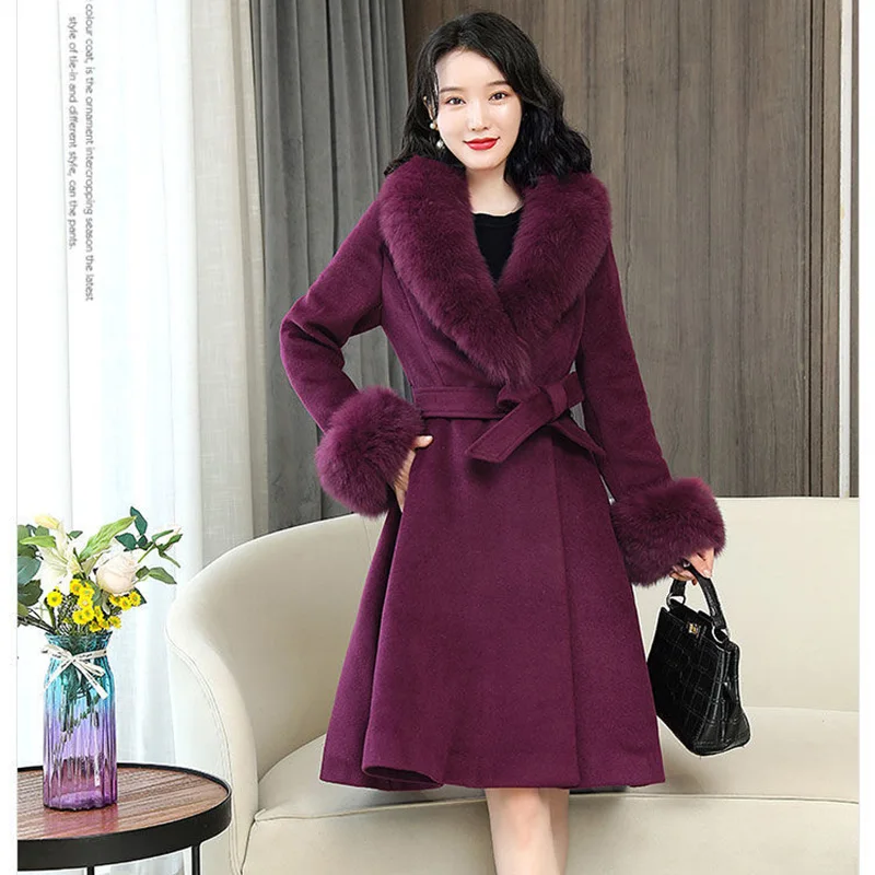 Double-sided Wool Coat Womens 2022 Autumn Winter Fashion Slim Woolen Jacket Women Large Size Long Over Knee Fur Collar Outerwear images - 6