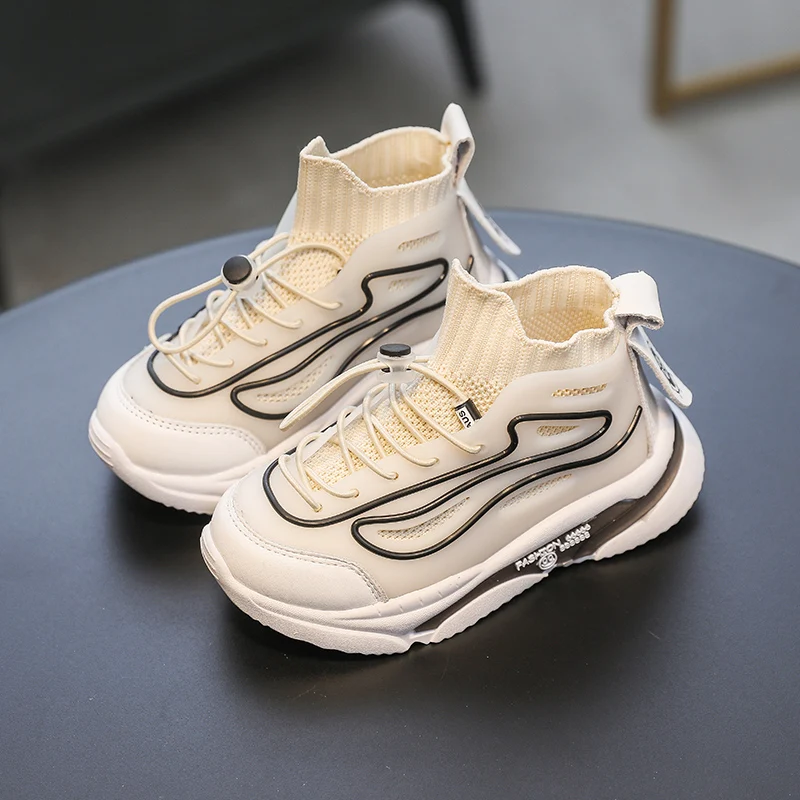 Kids Flying Woven Casual Sports Shoes 2022 Autumn Breathable Fabric Mid-top Thick-soled Boys' Shoes All-match Girls' Shoes