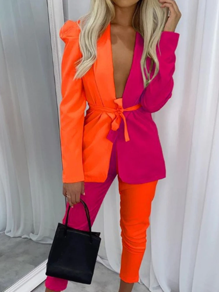 

Spring Autumn New Fashion Casual Spliced Lapel Long Sleeve Tie Pencil Pants 2 Piece Set Women Jacket and Pants Set Office Lady