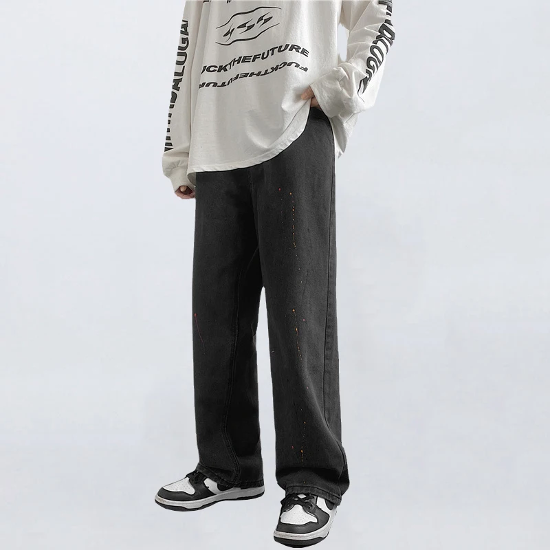 Ink Splash Print Men's Jeans Straight Loose Solid Color Casual Pants Y2k Korean Style Clothes Hot Sale Jeans Baggy Jeans