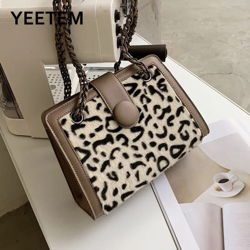 

Chain Fashion Diagonal Bag Autumn and Winter Plush Leopard Print Solid Color Wild High-end Sense of Small Square Female Bag