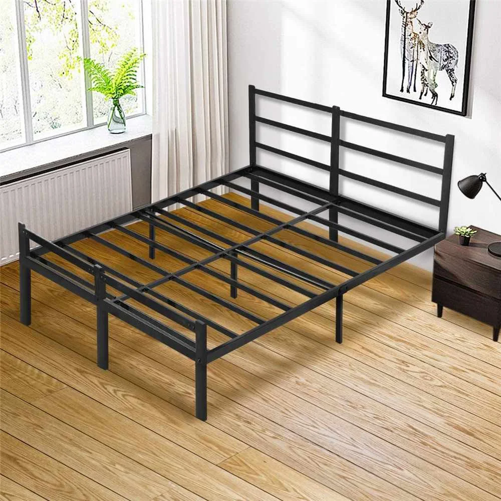 With Headboard 14 Inch Metal Platform Bed Frame Easy Assembly Anti-slip Black[us-stock]