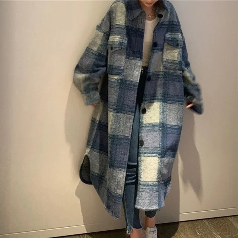 

Plaid Single Tops Korean Outerwear Female Overcoat Fashion Spring Winter Women Loose Long Woolen CoatsVintage Loose Coat
