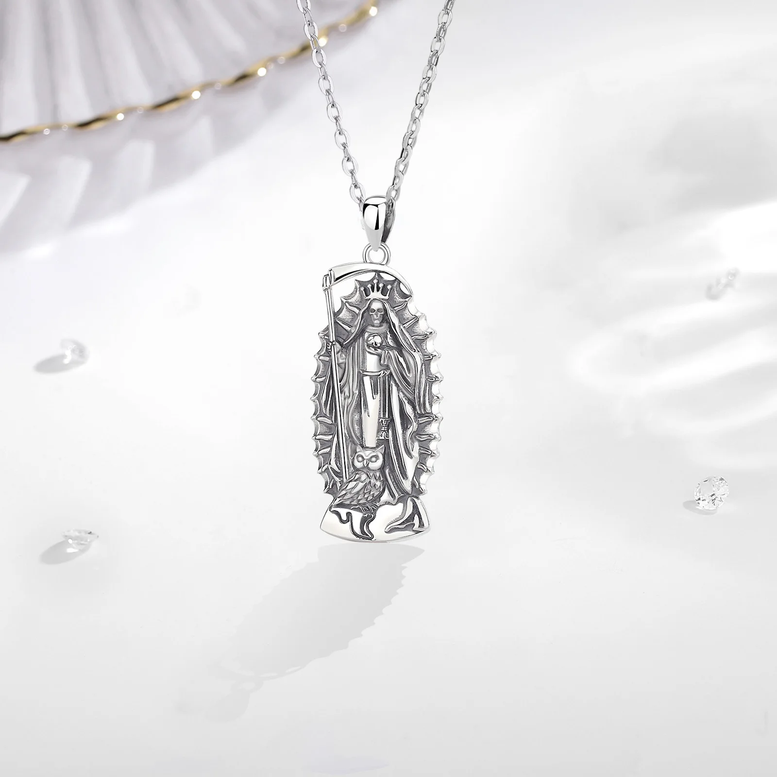 Фото Ожерелье Eudora из стерлингового серебра 925 пробы Santa Muerte, коса Святой смерти, мексиканский кулон, изысканные индивидуальные украшения для женщин и мужчин, подарок №4