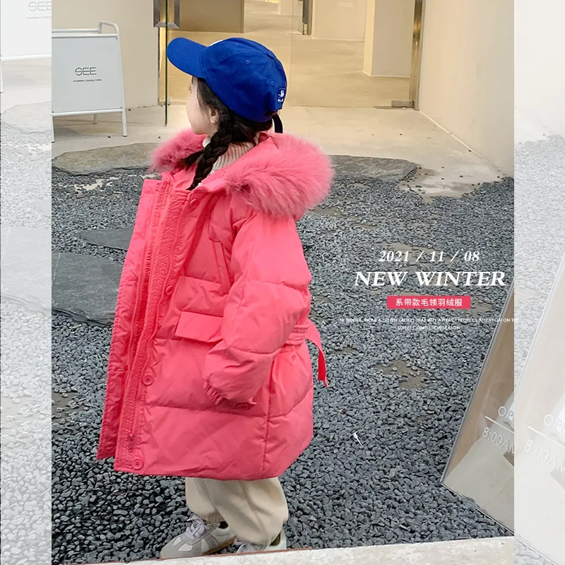 

Autumn Winter Children's Hooded Down Jacket mid-length Big Fur Collar Jacket Girls Kids Clothing Thick Down Coat For Boys