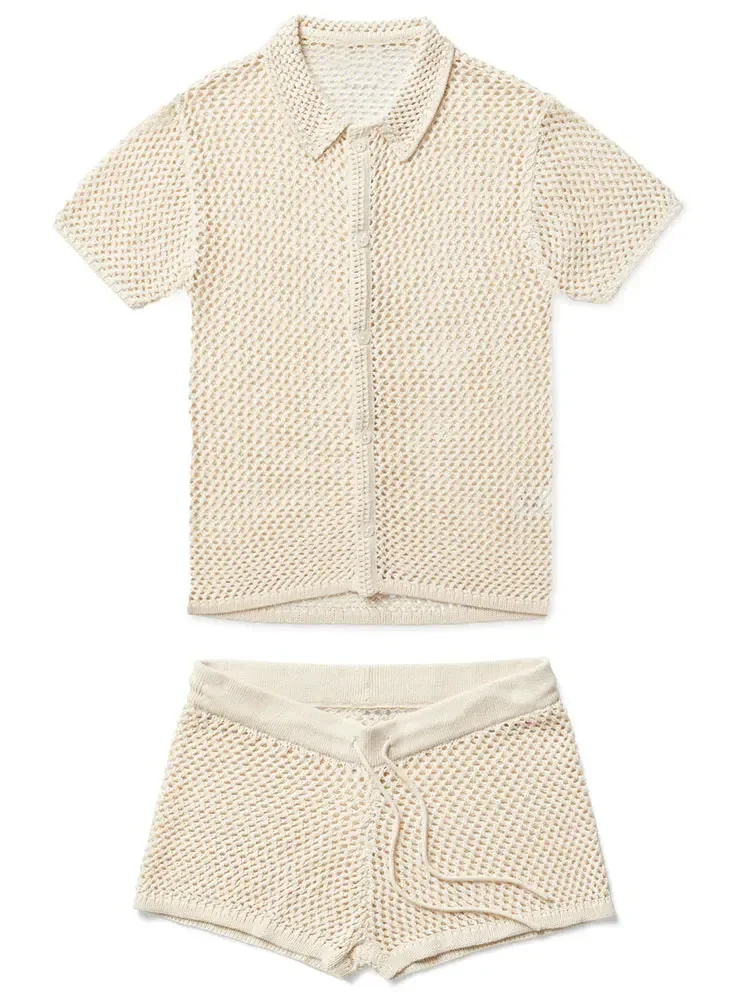 Повседневный вязаный топ с вырезами и короткими рукавами комплект шортами