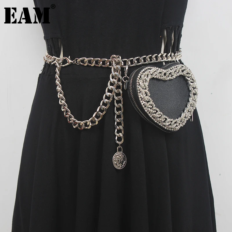 [EAM]  Pu Leather Black Mini-bag Metal Chain Long Belt Personality Women New Fashion Tide All-match Spring Autumn 2023 1DE2234