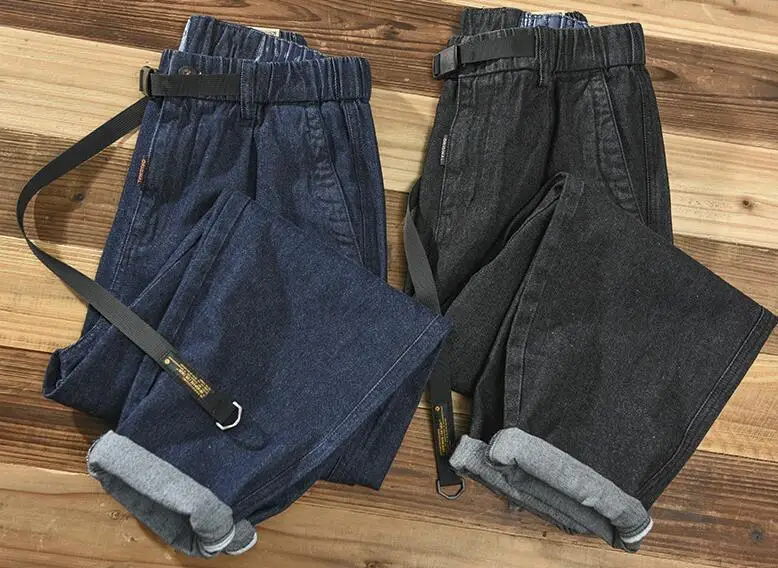 Men Jeans Cargo Pants Cotton Male Elastic Waist Cargo Pants Sashes Casual Mid Waist Loose Fit Trouser