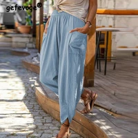 summer 2022 new casual fashion solid linen loose pocket wide leg radish harem pants women ankle length trousers female bloomers