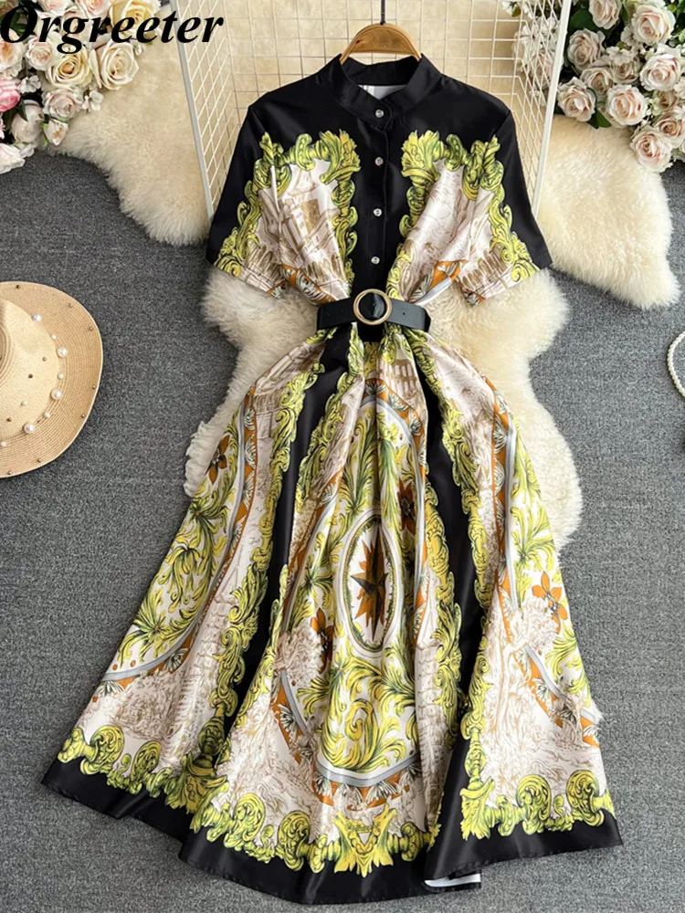 

Runway Fashion Vintage Printting Shirt Dress Women's Stand collar Short Sleeve Single-breasted Midi Vestidos With PU Belt