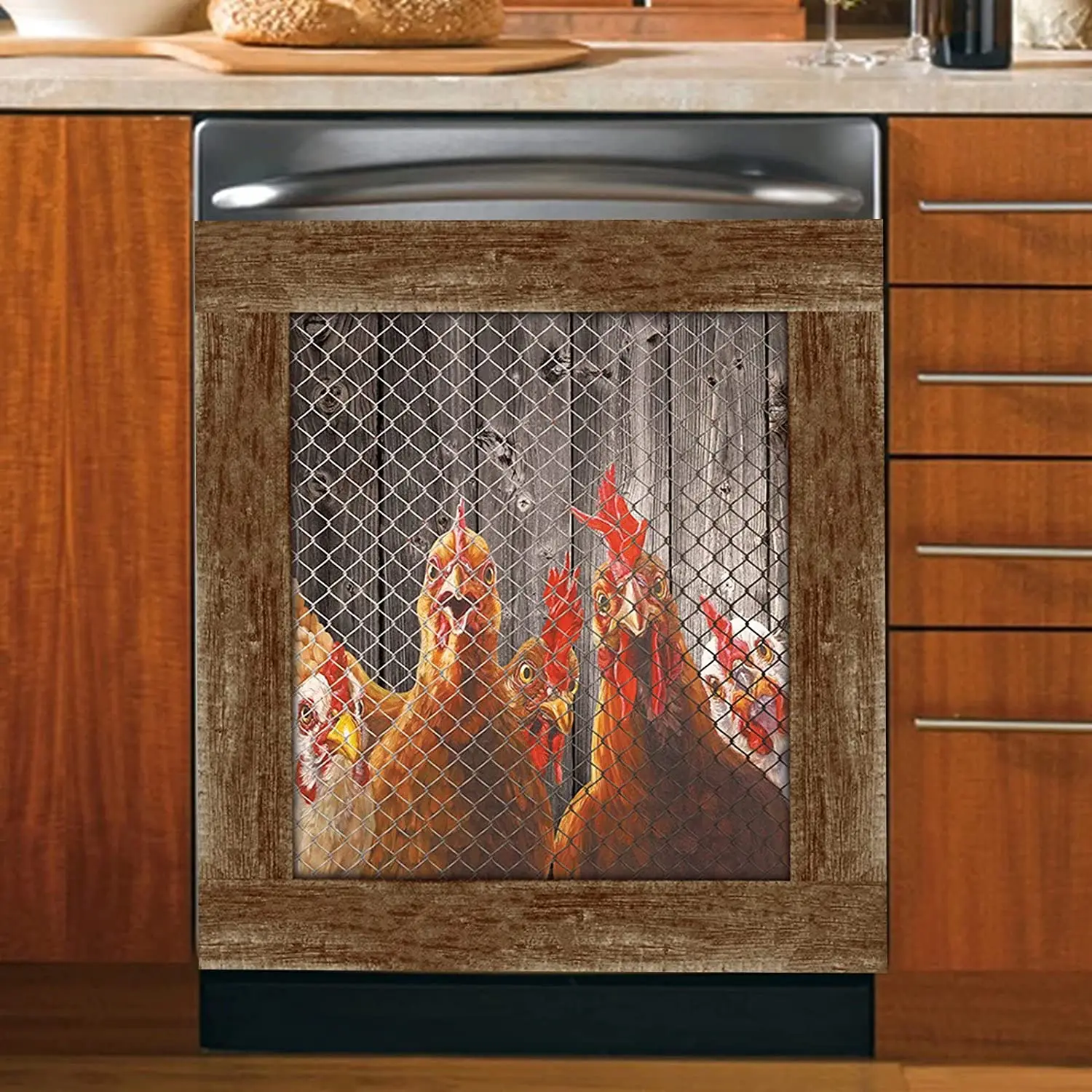 

Farm Rooster Hen Dishwasher Magnet Kitchen Door Cover,Country Chicken Refrigerator Magnetic Cover,Vintage Wood Fridge Sticker,Fa