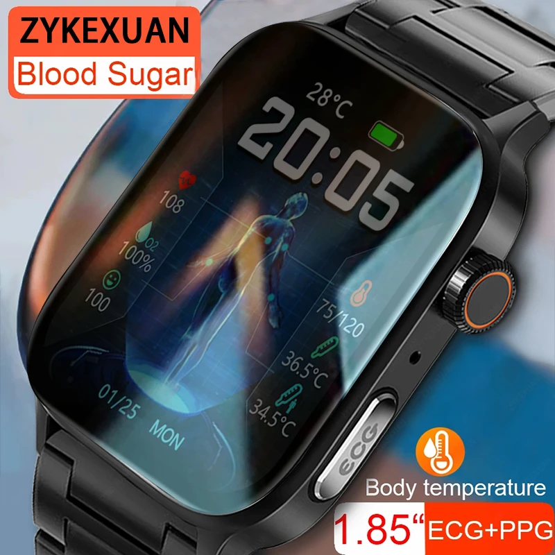 

2023 New Non-invasive Blood Sugar Smart Watch Men Voice Calling Wristwatch Body Temperature Stress Test ECG+PPG NFC Smartwatch