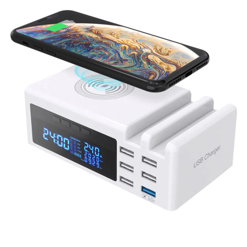 

6 Ports LCD Qi Quick Wireless Charger USB 3.0 Charger With Stand QC 3.0 Portable Fast Charger For Xiaomi US Plug
