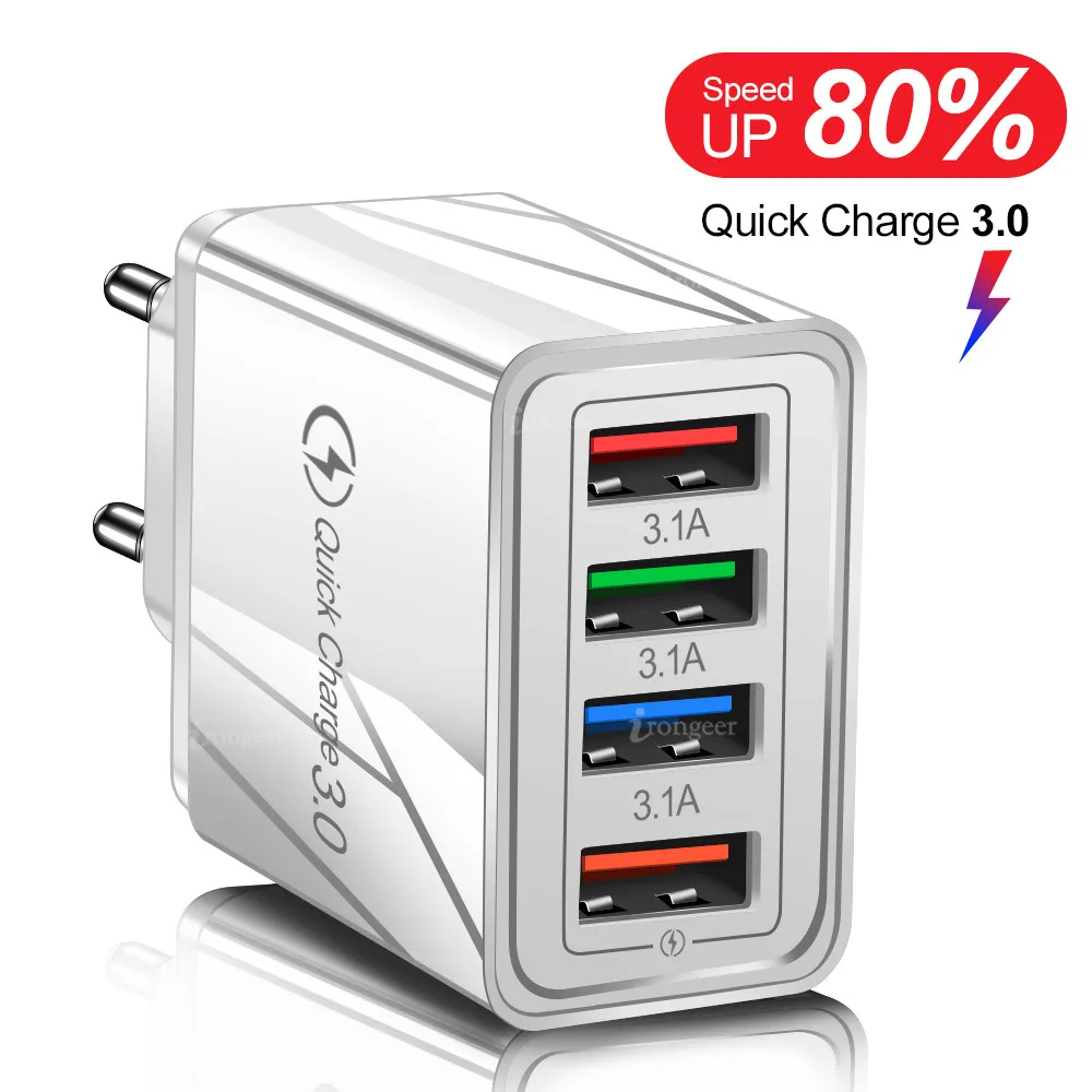 

USB Charger 4Ports 18W Quick Charger For iphone 13 12 Xiaomi Huawei Samsung S10 Portable Fast Charging EU/US Plug Wall Chargers