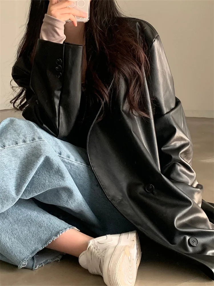 Женская модная шикарная черная длинная куртка из искусственной кожи женские