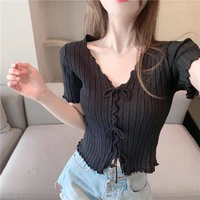 korean style fashion pink bow short sleeve slim chic tops new v neck lace up women knit t shirts female cute sweet short top y2k