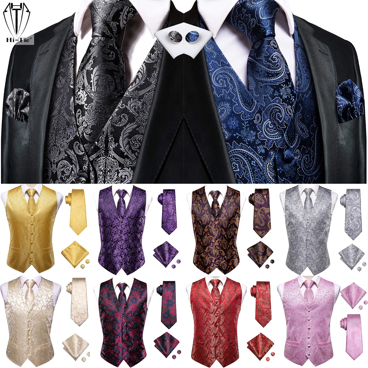 

Hi-Tie Brand 30 Colors Silk Mens Vests Jacquard Paisley Floral Waistcoat Jacket Necktie Hankerchief Cufflinks for Men Dress Suit