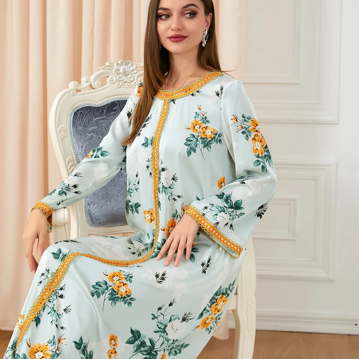 

Abaya Kaftan Caftan Women Robe Loose Print Embroidery Lace Casual Dubai Dress Muslim Women Dress Elegant Female Clothing