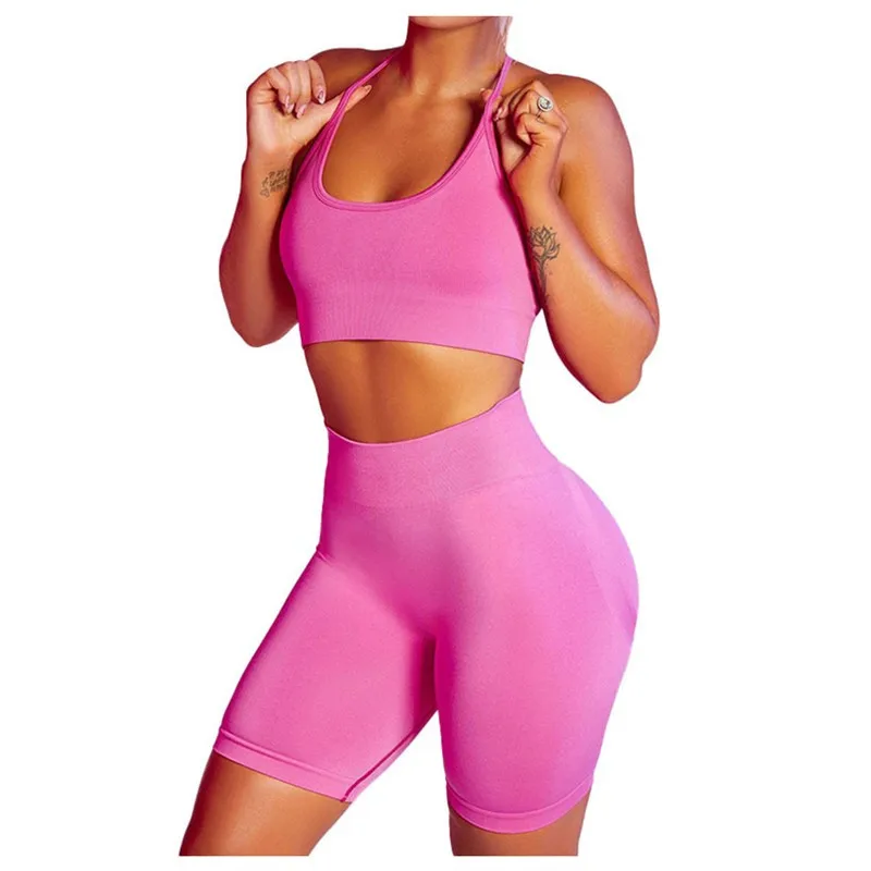 

Ladies Yoga Suit Sling Sports Underwear Yoga Suit High Waist Tight Peach Hip Shorts Suit Seamless Knit Two Piece