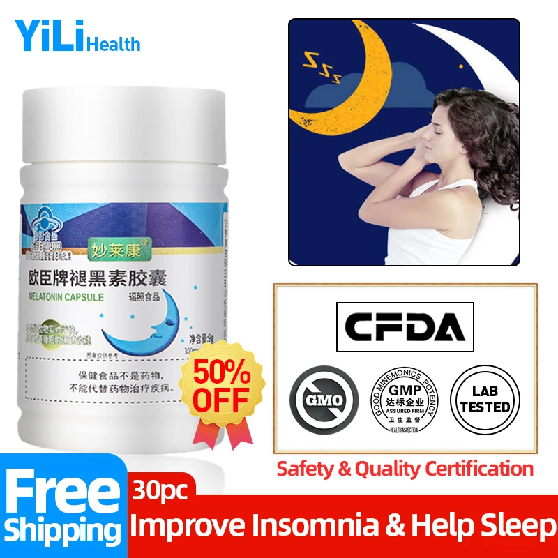 

Melatonin Capsules Insomnia Relief Medicine Deep Sleep Aid Therapy Sleeping Pills Treatment CFDA Approve Non-Gmo 30Pc