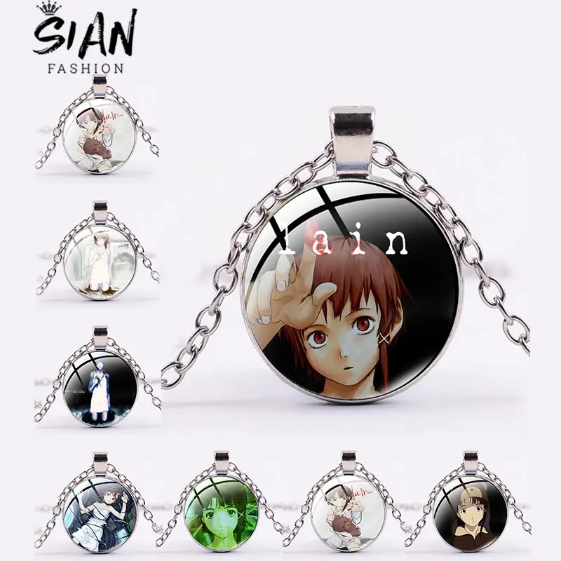 

Anime Serial Experiments Lain Necklace Cartoon Figure Round Glass Dome Pendant Necklaces Silver Plated Chain Jewelry Fans Gifts