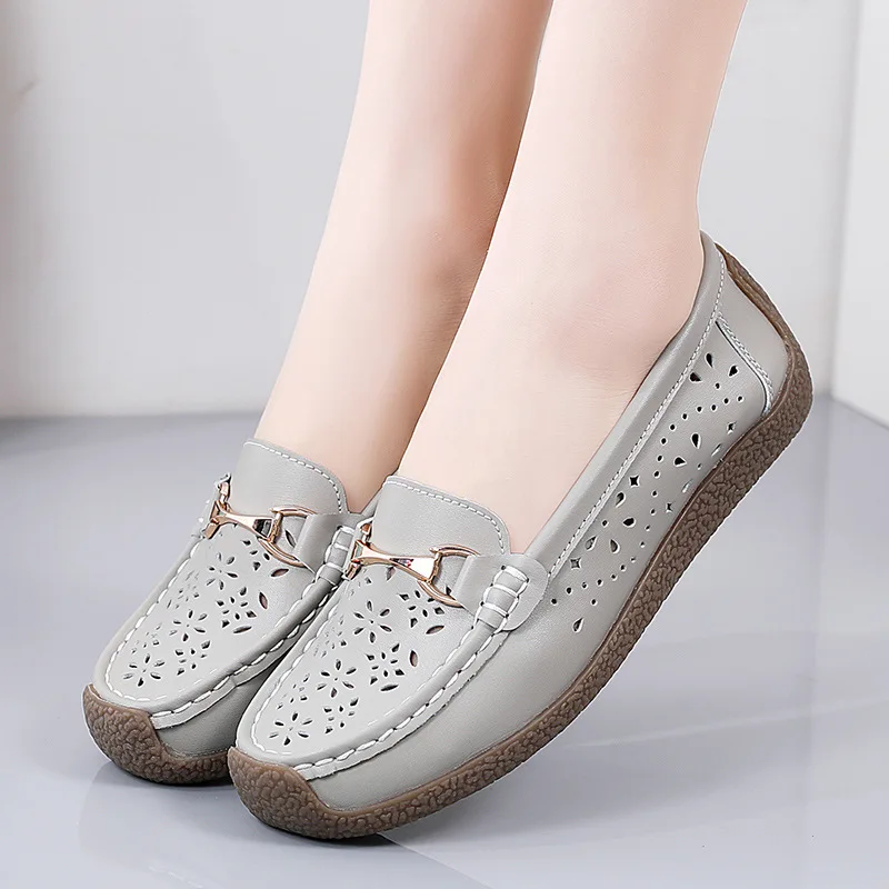 Fashion Summer Breathable Hollow flat shoes Plus Size 44 Women Designer Gold Buckle British Loafers Ladies Casual Driving Shoes
