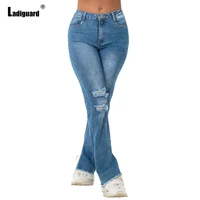 plus size women casual hole shredded demin pants girl boot cut jeans streetwear 2022 european style fashion skinny demin trouser