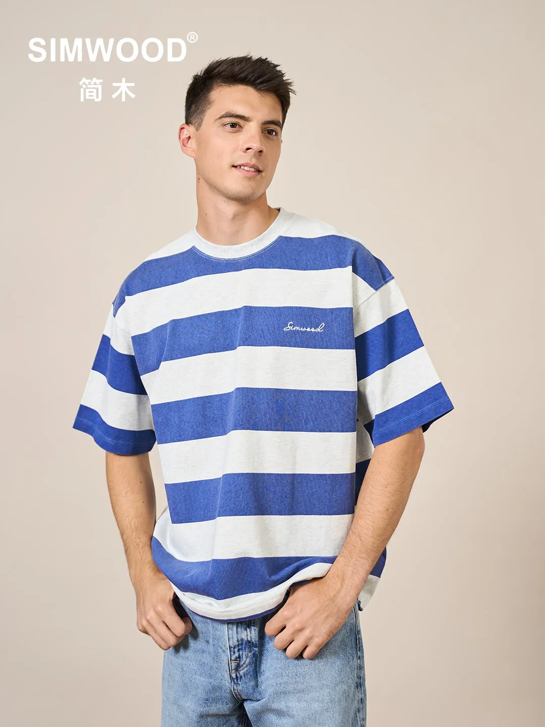 

SIMWOOD 2023 Summer Autumn New Oversize Striped T-shirts Men 310g Heavyweight 100% Cotton Washed RetroTops Loose Plus Size Tees