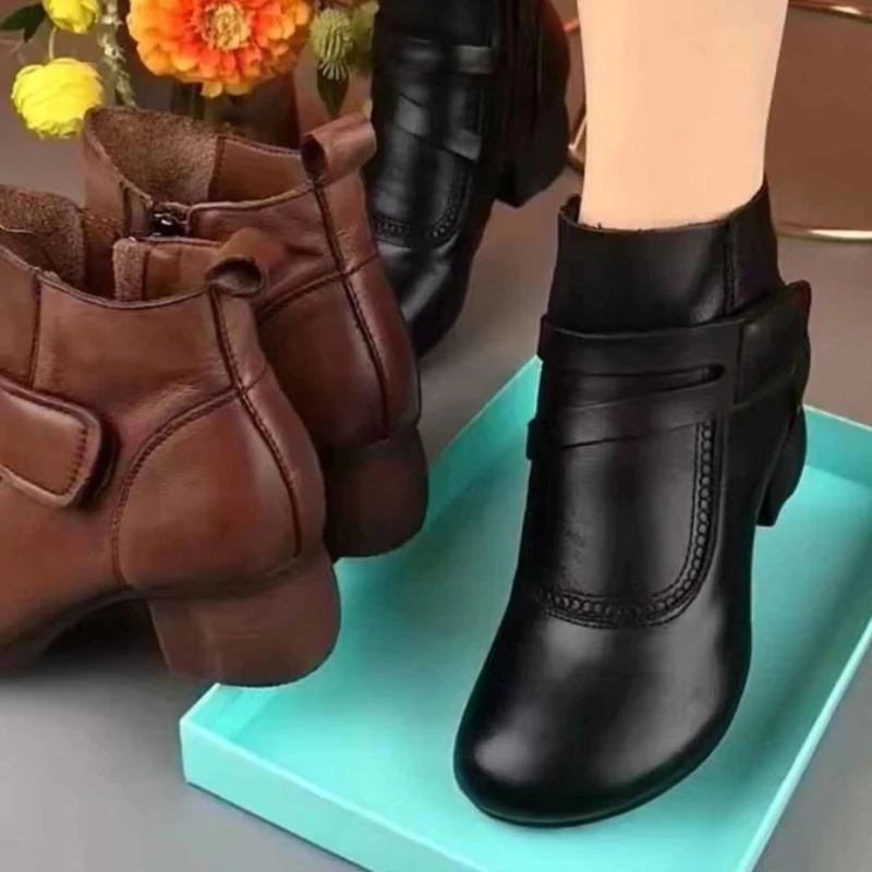 

Fashion Women's Vintage Ankle Boots Autumn Retro Round Toe Thick-Heel Footwear Concise Leisure Walking Shoes Botas Para Mujeres