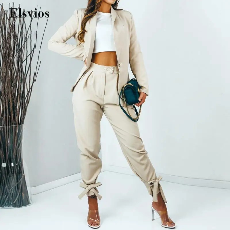

Women Casual Long Sleeve Suit Outfits Fashion Solid Lapel Blazer Tops And Tie-up Bow Pants Set Elegant Office Lady Two Piece Set