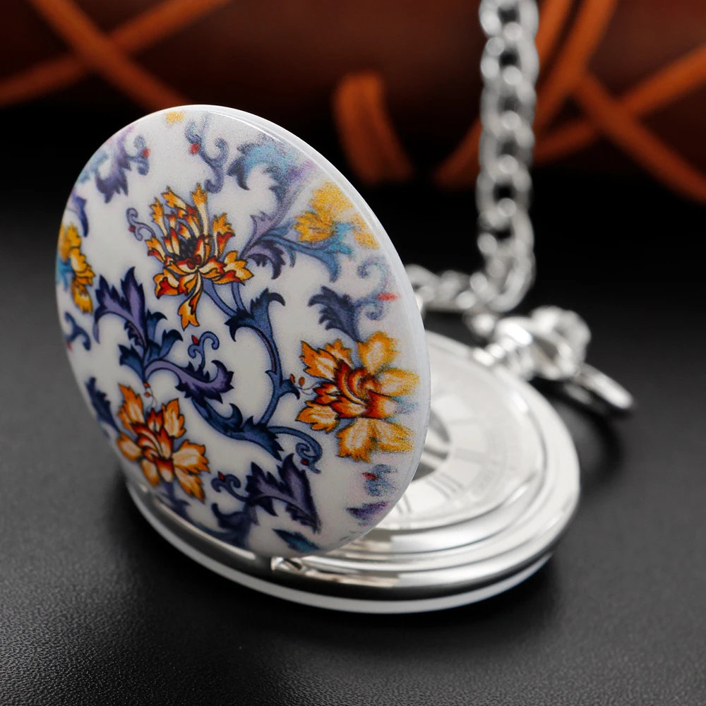 Retro Blue and White Porcelain Mechanical Pocket Watch High Quality Unisex Necklace Timing Pendant Gift for Men and Women PJX011