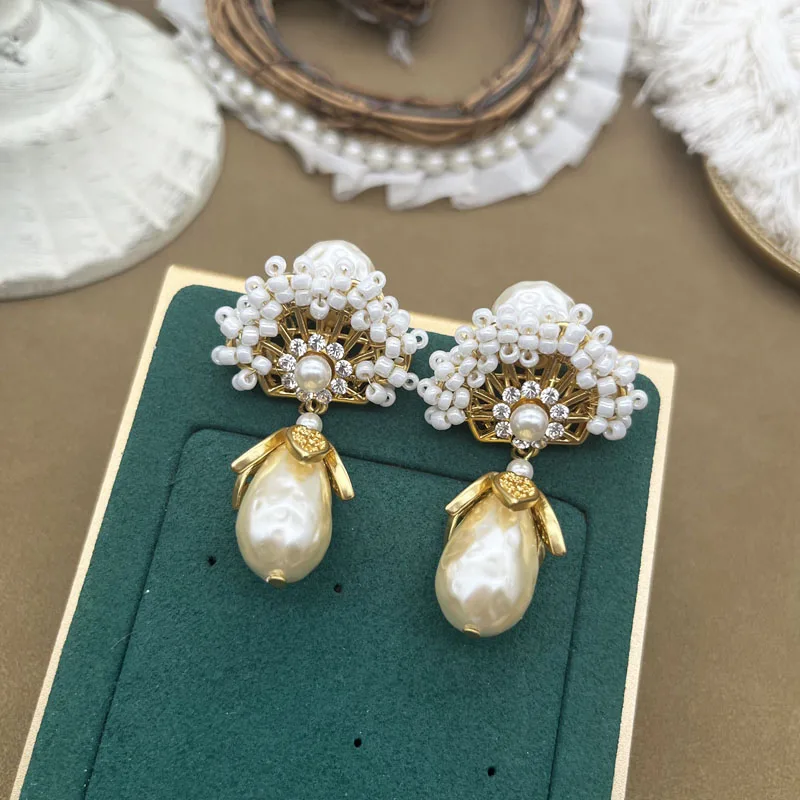 

Handmade Braided Earrings Baroque Styles Pendant Pearls Jewelry Fan Shape Sweet Accessories