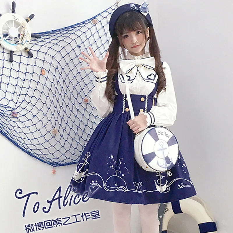 Kawaii Japanese Style High Waist Suspender Dress Sweet Lolita Party Dresses Navy Sailor Collar Blouse Shirt Cosplay Uniform Set