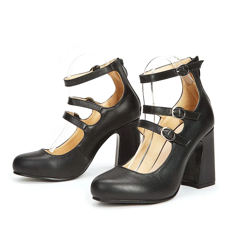 One Word Buckle Strap Round Toe Thick High Heels Women's Pumps Black Hollow Gladiator Shoes Leather Mary Jane Roman Women Shoes