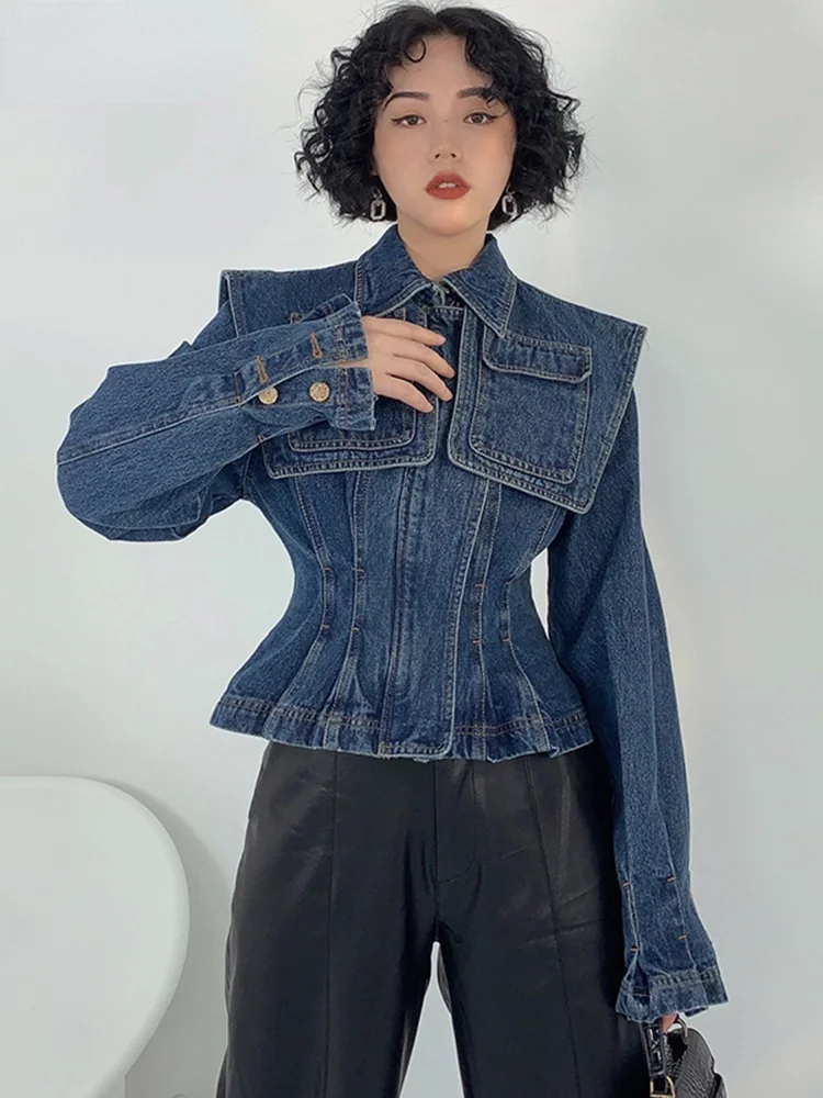 

dinboa- Loose Fit Blue Bag Denim Large Size Jacket New Lapels Long Sleeve Women Coat Fashion Flood Spring Autumn 2022 1de3357