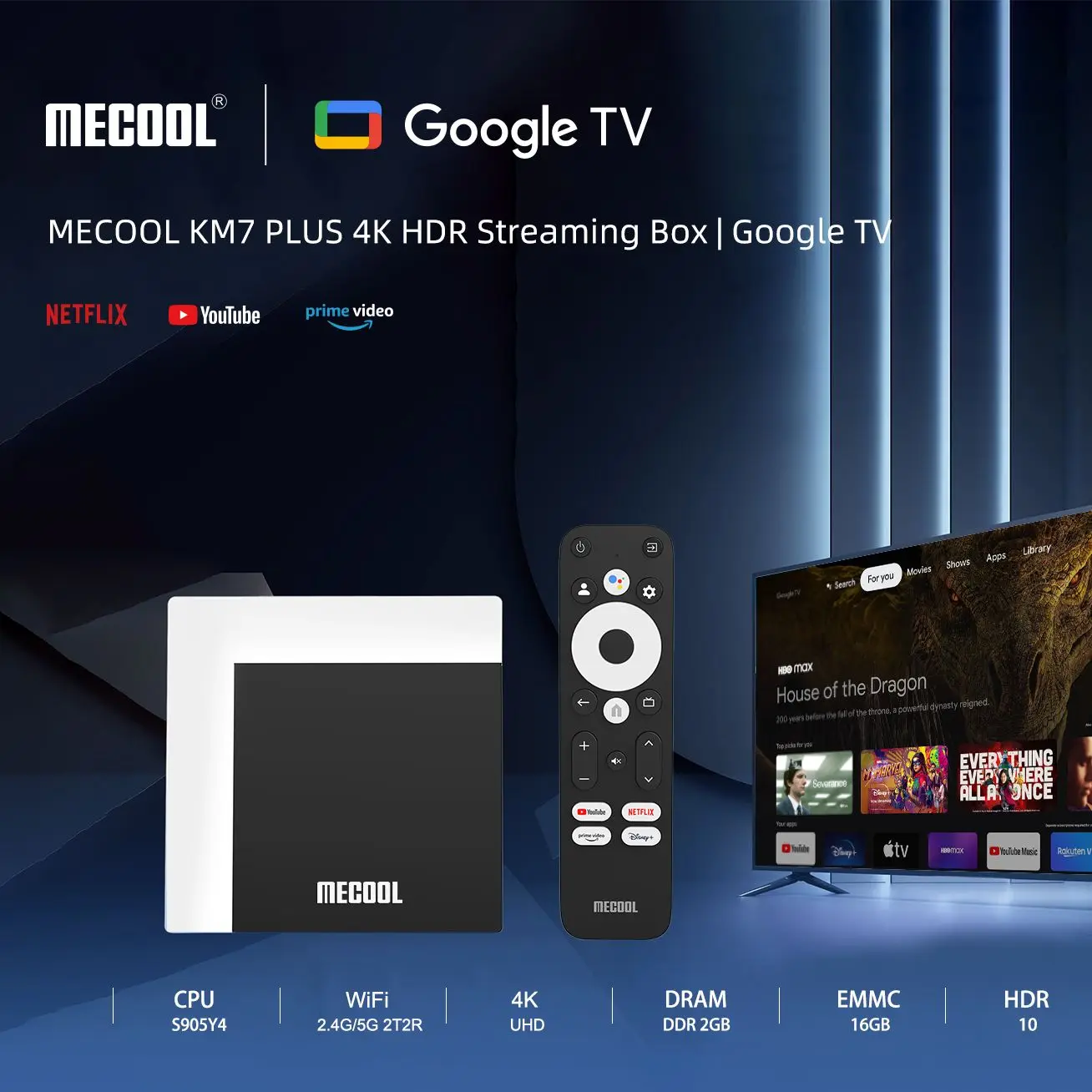 

MECOOL Google TV Box KM7 PLUS 2GB DDR4 16GB ROM Android 11 Certified 4K Amlogic HDR10 2.4G/5G WIFI Home Media Player Set TopBox