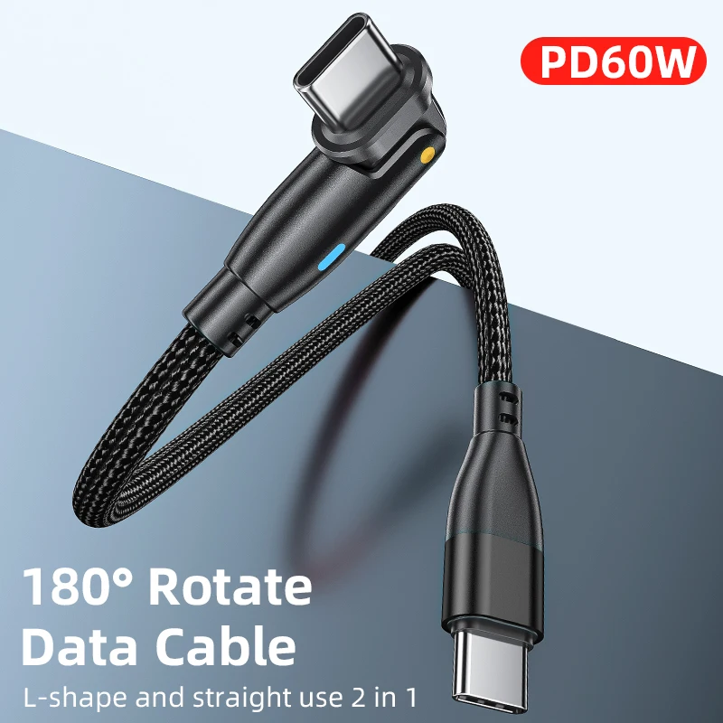 

CQXSMAX 180 Rotate 60W USB C to USB C Type C Cable 3A Fast Charging Cable For Macbook Xiaomi Samsung Charge Phone Data Wire Cord