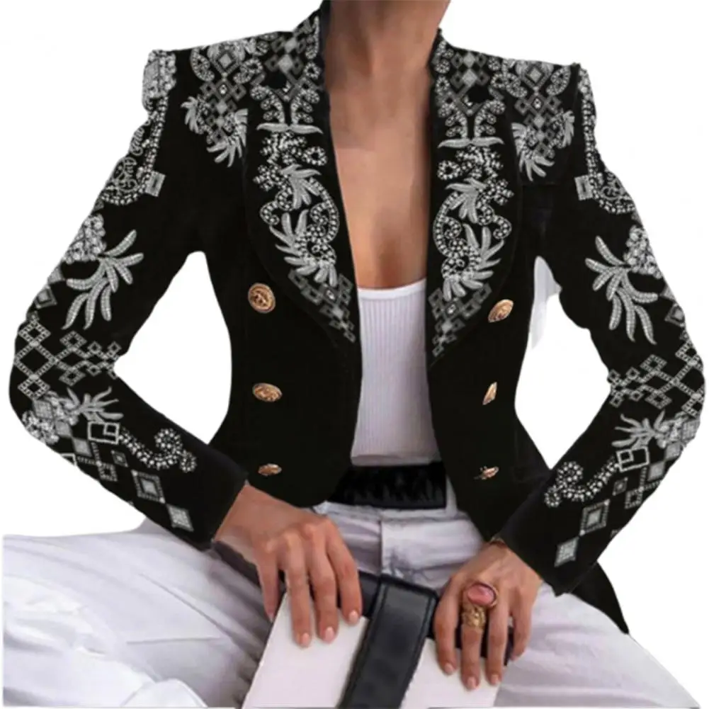Women Blazers Elegant Double Breasted Turn Down Collar Suit Coat Autumn Winter Office Lady Blazer Jacket Fashion Print